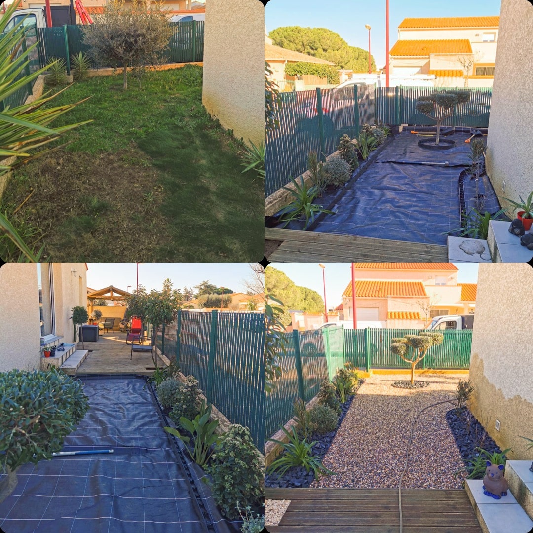 Quatre étapes de la rénovation d'un jardin. Transformation d'une pelouse en aménagement paysager moderne avec gravier, plantes et terrasse bois.