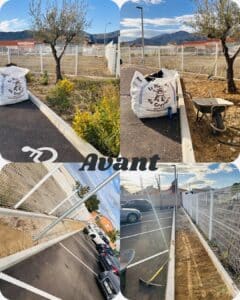 Collage "Avant" montrant un chantier d'aménagement de parking. Sacs de graviers, bordures en béton, allée de terre à planter, places marquées.