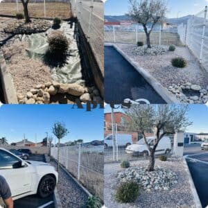 Aménagement paysager avant/après. Jardin sec méditerranéen avec olivier, gravier et galets décoratifs près d'un parking. Mot « Après ».