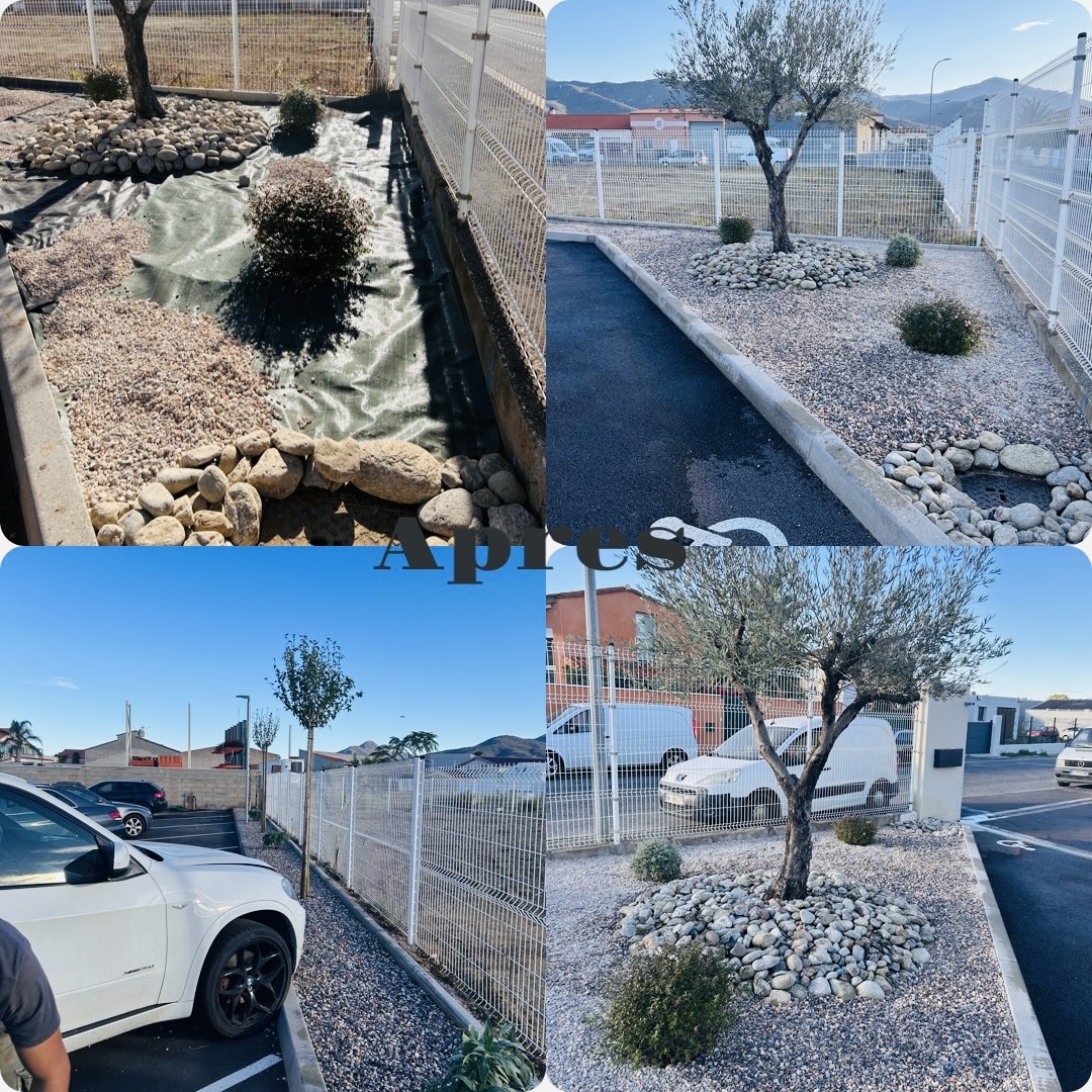 Aménagement paysager avant/après. Jardin sec méditerranéen avec olivier, gravier et galets décoratifs près d'un parking. Mot « Après ».