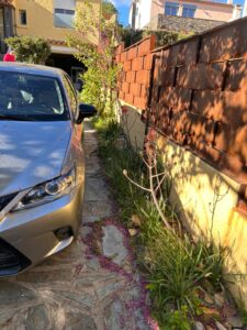 Lexus argentée stationnée le long d'une étroite allée en pierre. Végétation, pétales pourpres, et clôture contemporaine en métal rouillé.