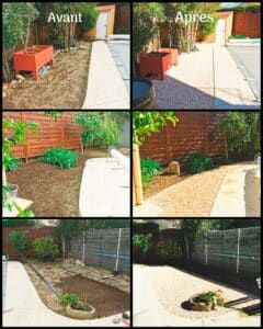 Avant/Après : Transformation réussie d'un jardin bordant la piscine. Passage de la terre et gravier sombre à un bel agrégat décoratif clair.