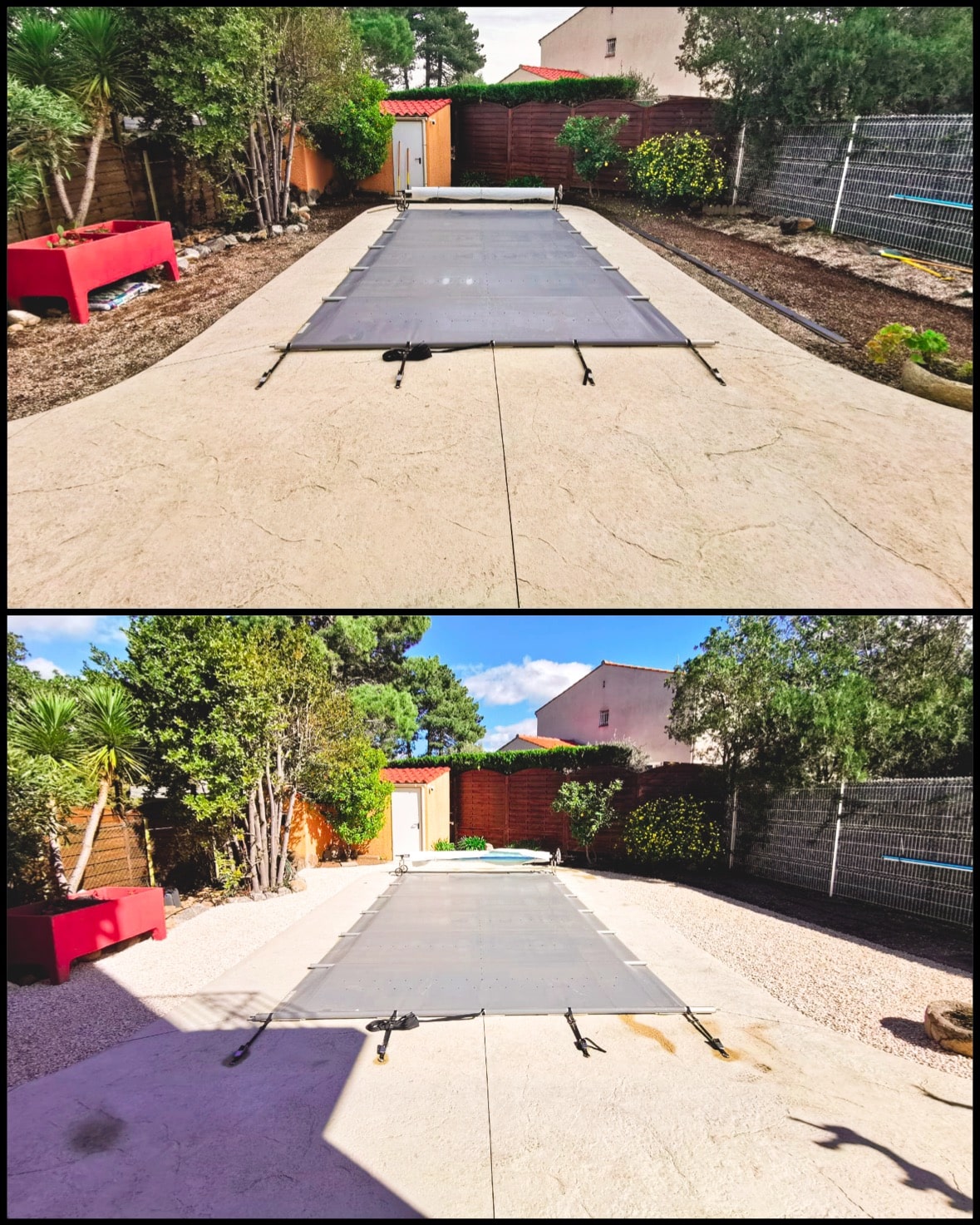 Rénovation terrasse piscine avant après. Le contour de la piscine couverte passe de la terre et des débris à un aménagement paysager soigné en gravillons clairs.